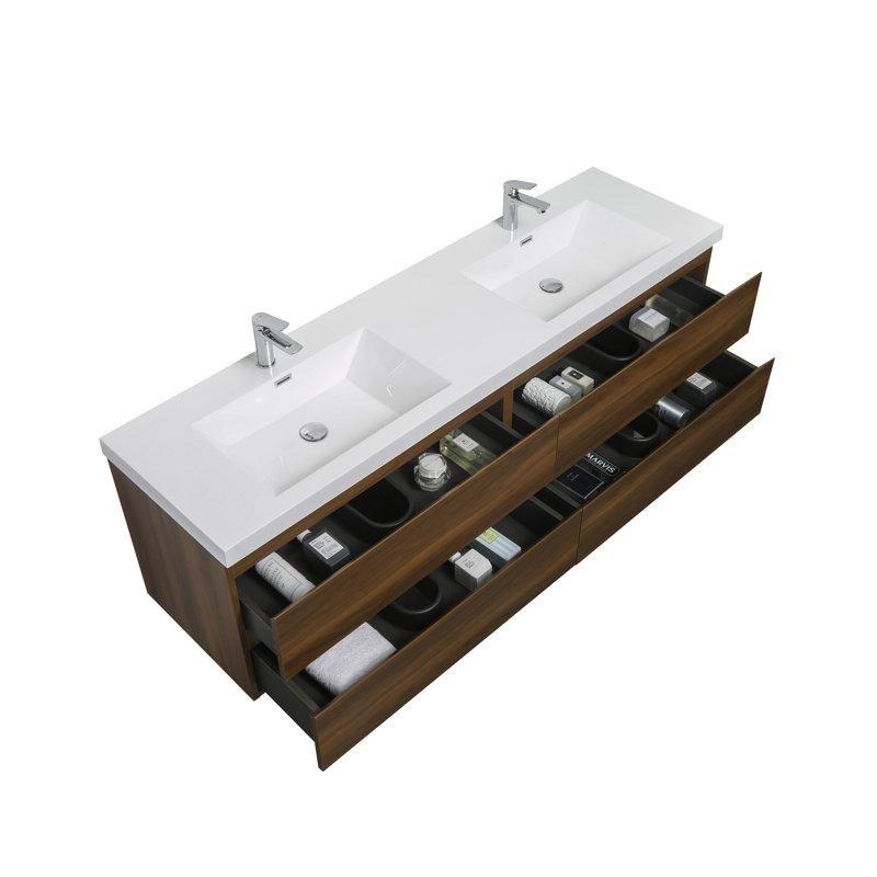 Kahverengi Endüstriyel Ahşap Polimer Mermer Tezgahlı İkili Lavabolu Yavaş Kapanan Çekmeceli Duvara Monte Banyo Lavabo Dolabı - 181 cm - 199016