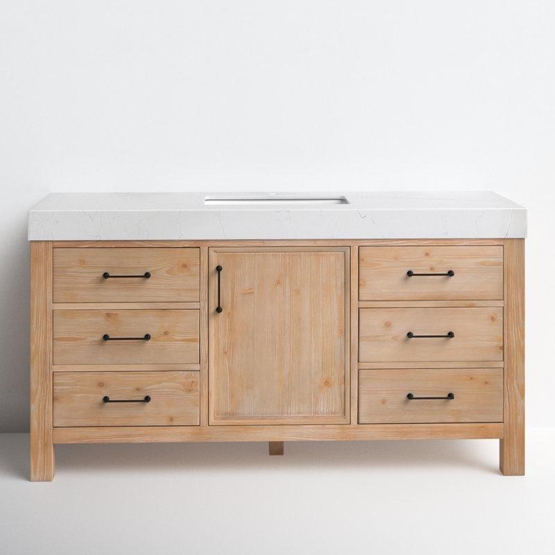 Kahverengi Eskitme Masif Köknar Ağacı Yapım Mermer Tezgahlı Ayaklı Banyo Lavabo Dolabı - 153 cm - 201319