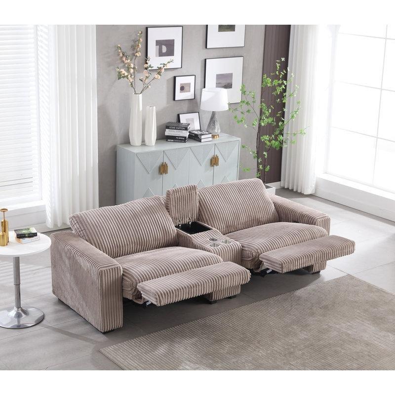 Kahverengi Fitilli Kadife Elektrikli Yatar Mekanizmalı Konsollu İkili Koltuk - 254 cm - 206008