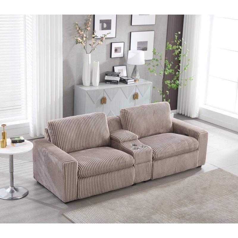 Kahverengi Fitilli Kadife Elektrikli Yatar Mekanizmalı Konsollu İkili Koltuk - 254 cm - 206008