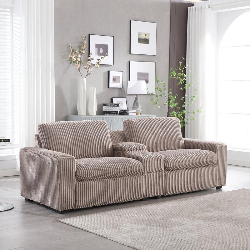 Kahverengi Fitilli Kadife Elektrikli Yatar Mekanizmalı Konsollu İkili Koltuk - 254 cm - 206008