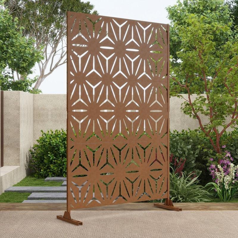 Kahverengi Galvanizli Çelik Lazer Kesim Yaprak Desenli Geniş Ayaklı Bahçe Paravanı - 190x120 cm - 173154