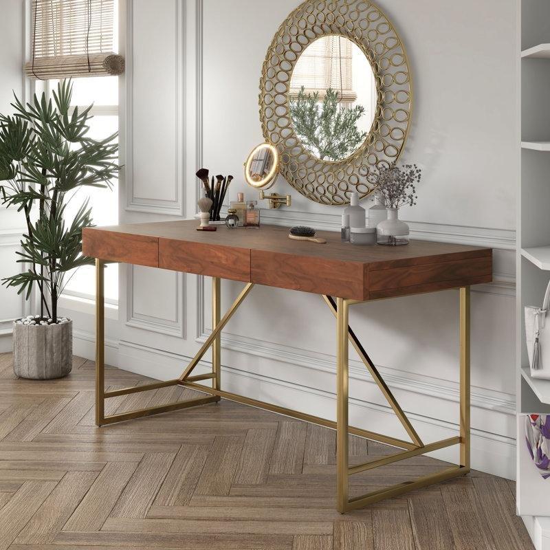 Kahverengi Gold Metal Ayaklı 3 Çekmeceli Endüstriyel Ahşap Vintage Çalışma Masası - 153 cm - 234329