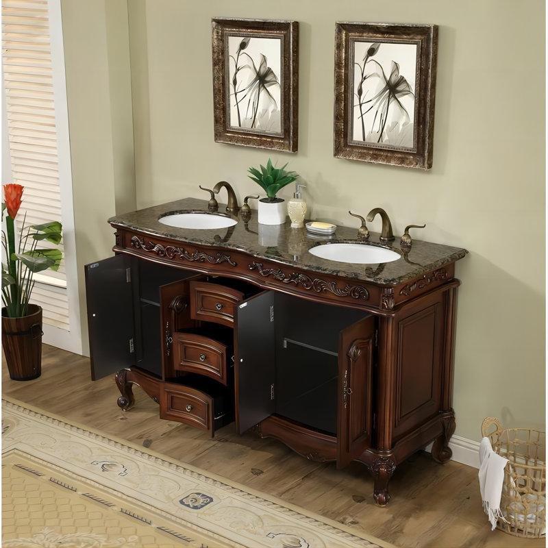 Kahverengi Granit Tezgahlı Ahşap Çift Lavabolu Banyo Dolabı - 153 cm - 200656