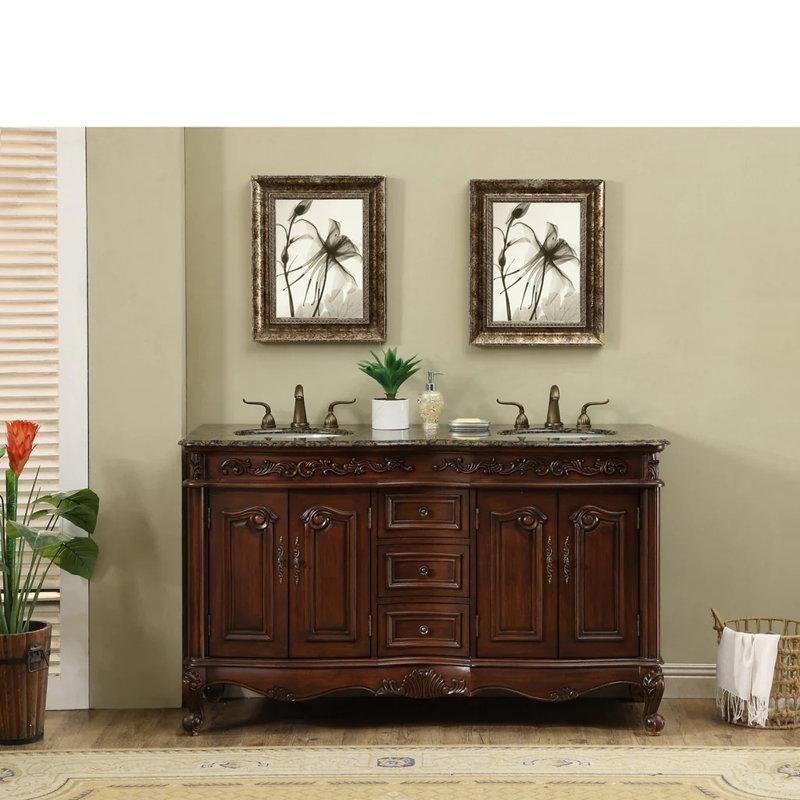 Kahverengi Granit Tezgahlı Ahşap Çift Lavabolu Banyo Dolabı - 153 cm - 200656