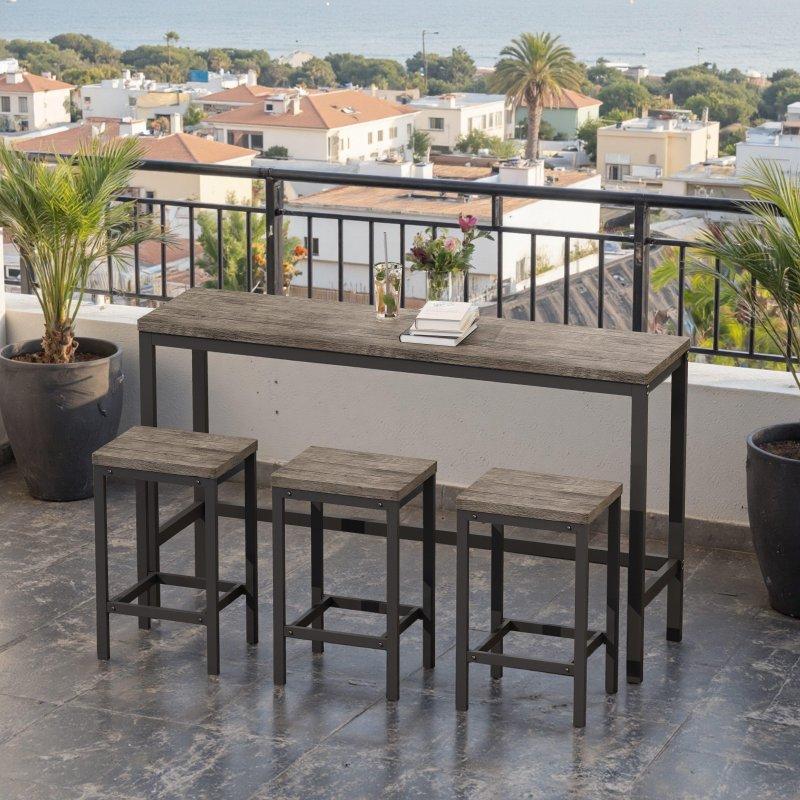 Kahverengi Gri Metal ve MDF 3 Tabureli Bar Masası Seti - 148x40x90 cm - 232514