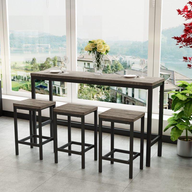 Kahverengi Gri Metal ve MDF 3 Tabureli Bar Masası Seti - 148x40x90 cm - 232514