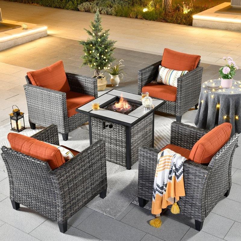 Kahverengi-Gri Rattan Ateş Çukurlu 4 Kişilik Bahçe Takımı - 209903