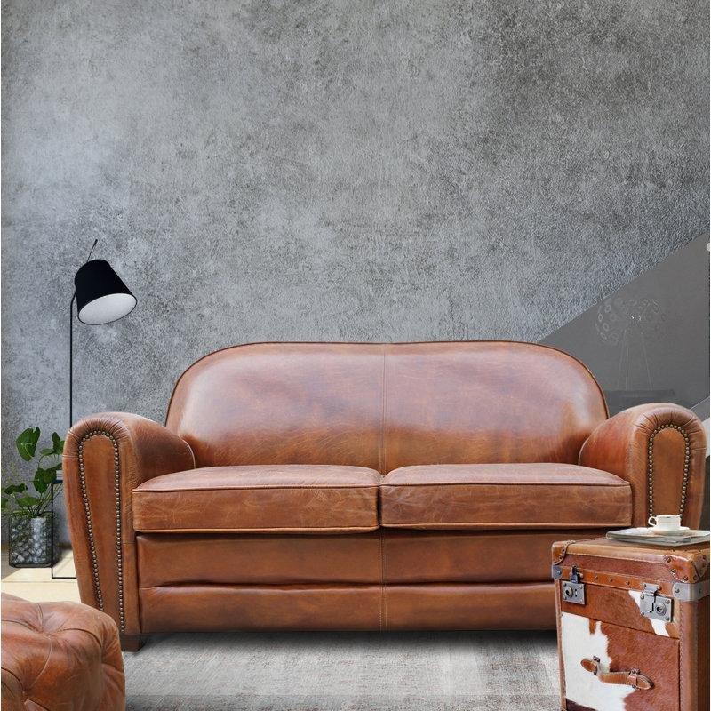 Kahverengi Hakiki Deri Çivi Detaylı İkili Koltuk - 153 cm - 205418