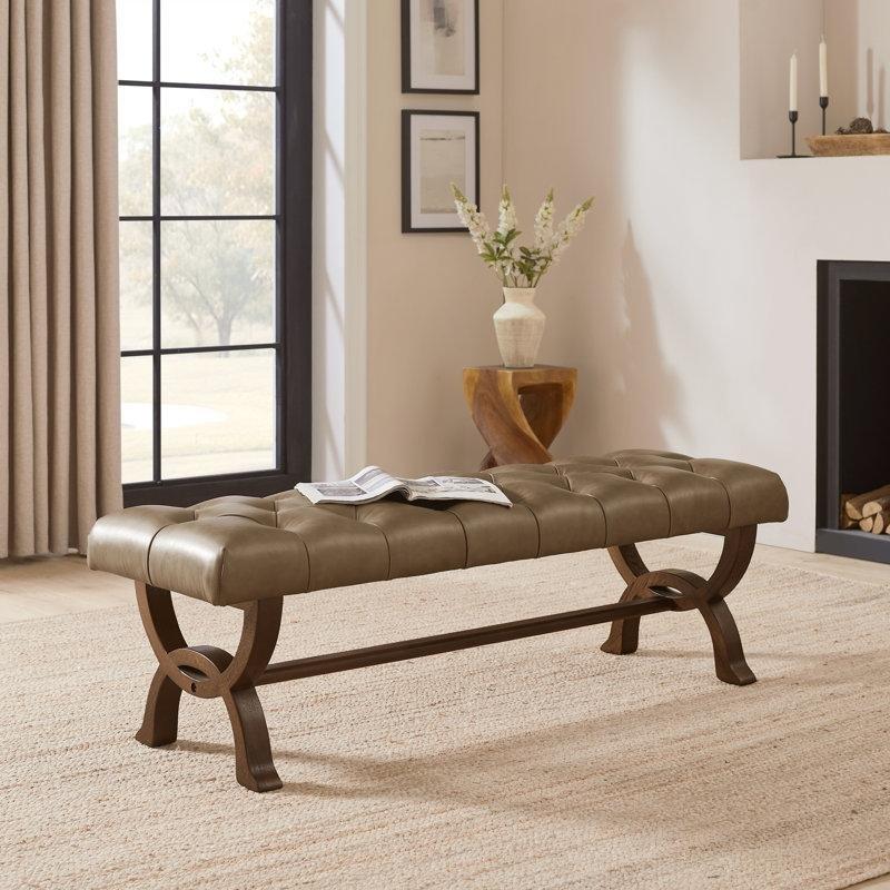Kahverengi Hakiki Deri Kapitoneli Masif Dişbudak Ahşap Çapraz Ayaklı Bench - 151 cm - 164422