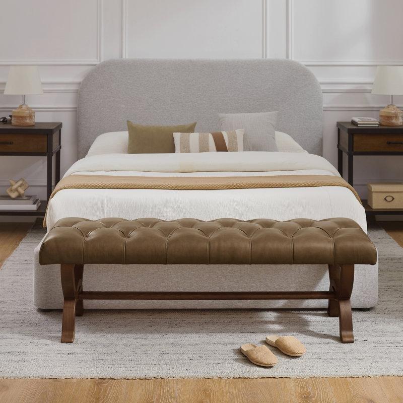 Kahverengi Hakiki Deri Kapitoneli Masif Dişbudak Ahşap Çapraz Ayaklı Bench - 151 cm - 164422