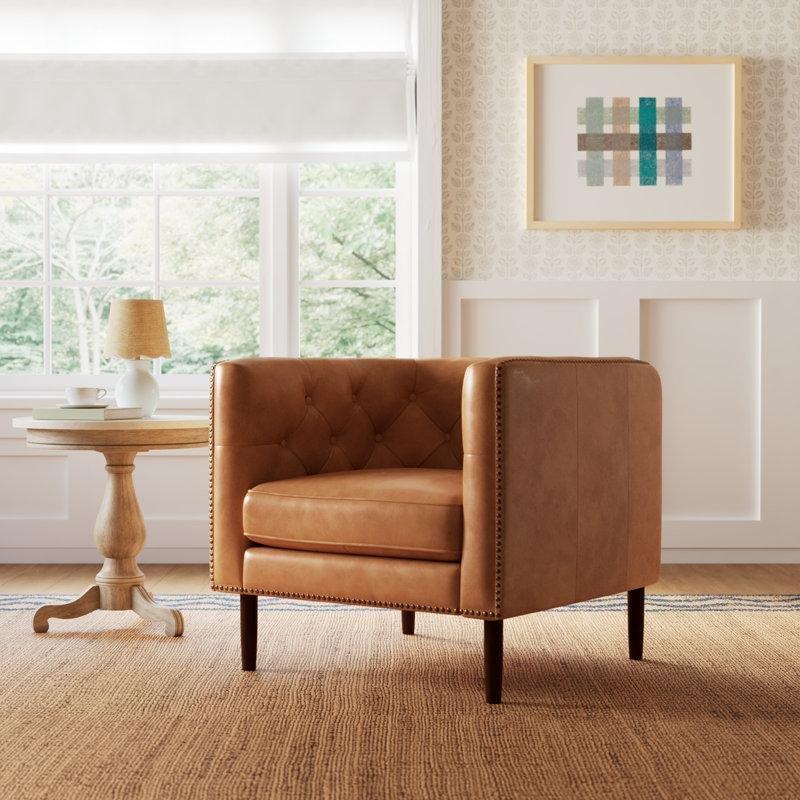 Kahverengi Hakiki Deri Kapitoneli Zımba Detaylı Chesterfield Tekli Koltuk - 203132