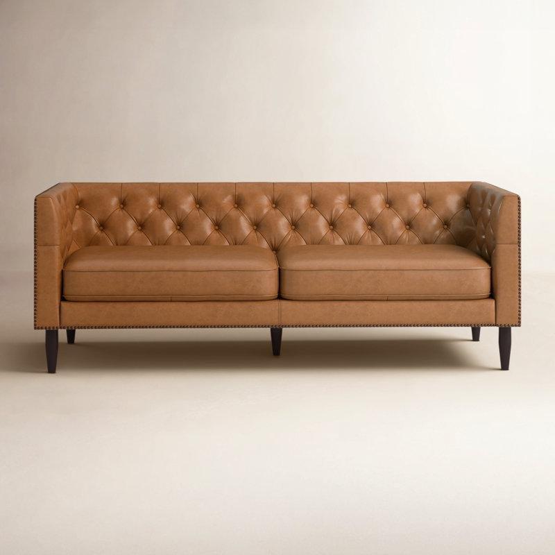 Kahverengi Hakiki Deri Kapitoneli Zımba Detaylı Masif Ahşap Ayaklı Üçlü Koltuk - 215 cm - 194782