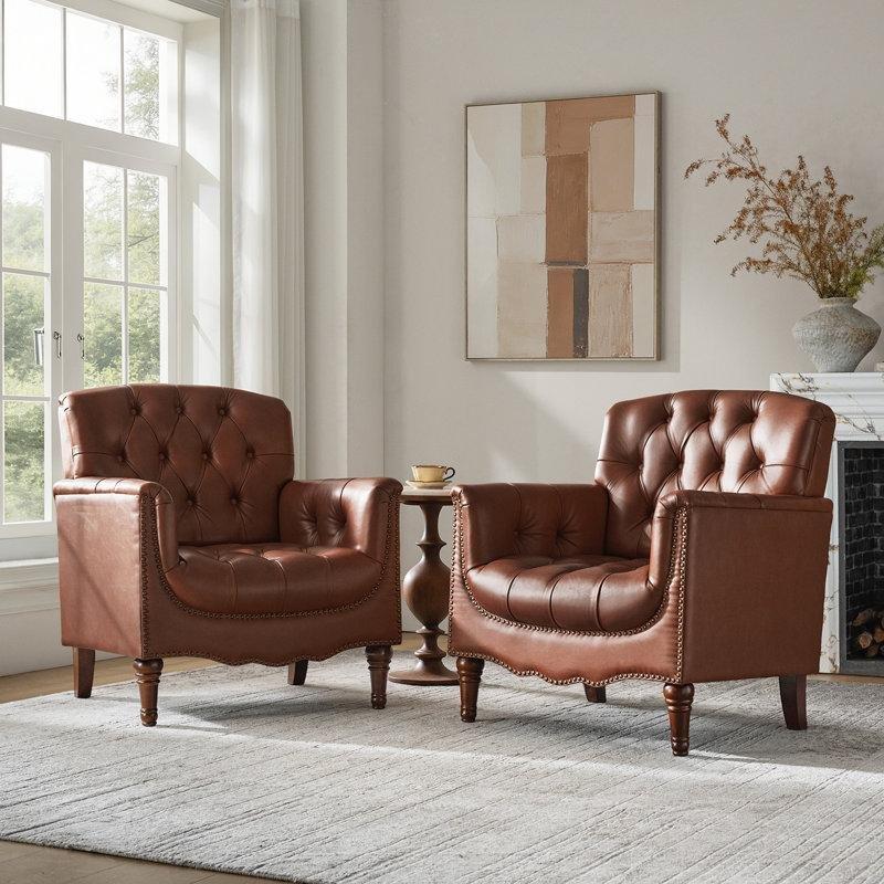 Kahverengi Hakiki Deri Kapitoneli Zımba Detaylı Masif Ahşap Tekli Koltuk 2li Set - 82 cm - 202744