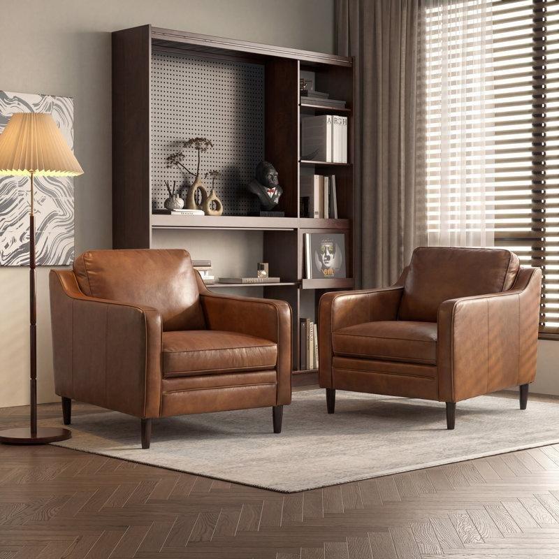 Kahverengi Hakiki Deri Kare Kollu 2li Koltuk Takımı - 191367