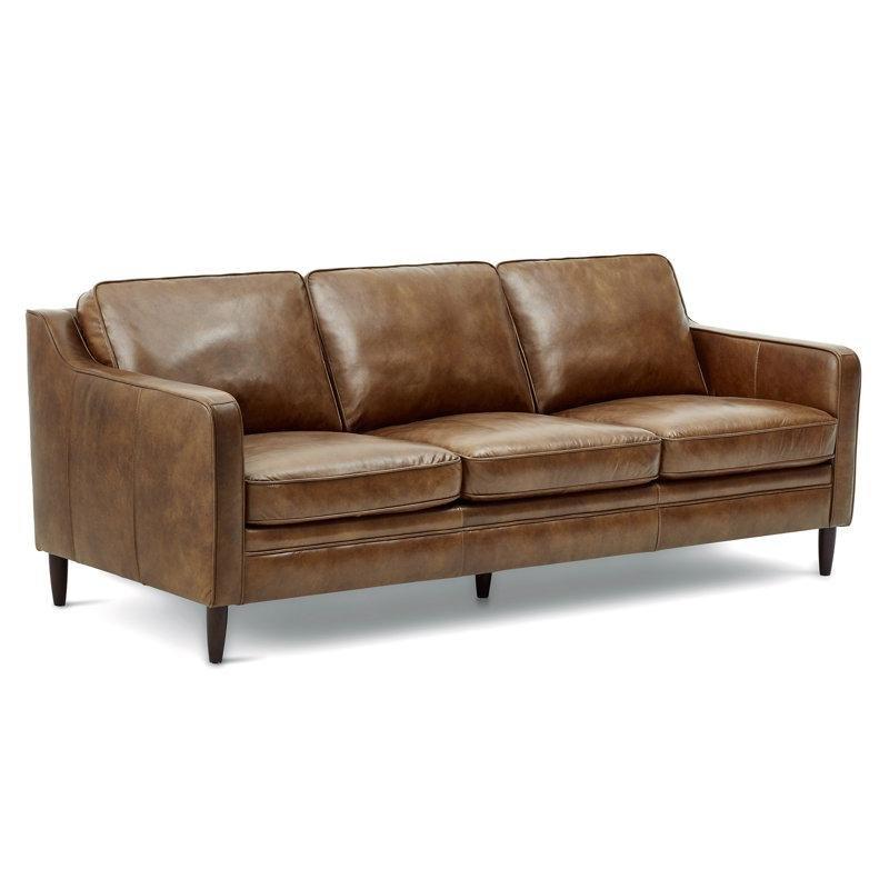 Kahverengi Hakiki Deri Kare Kollu Masif Ahşap Ayaklı 3 Kişilik Koltuk - 210 cm - 195871