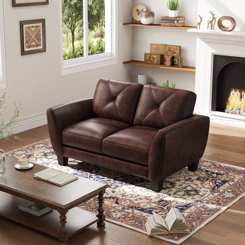 Kahverengi Hakiki Deri Masif Ahşap İkili Koltuk - 158 cm - 196581