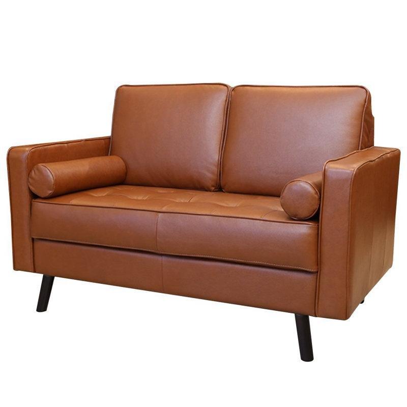 Kahverengi Hakiki Deri Minderli Masif Ahşap İkili Koltuk - 133 cm - 205393