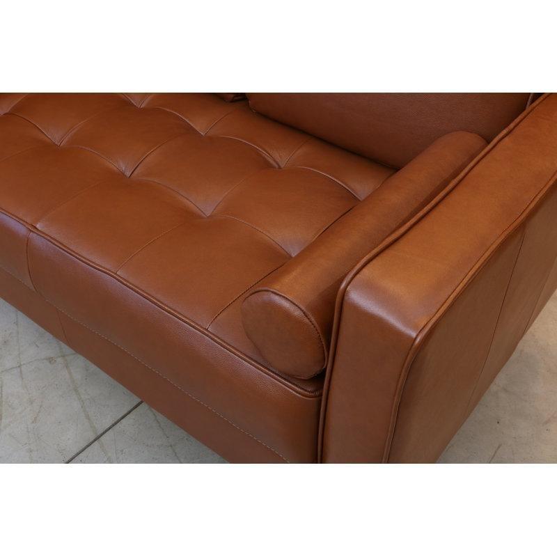 Kahverengi Hakiki Deri Minderli Masif Ahşap İkili Koltuk - 133 cm - 205393