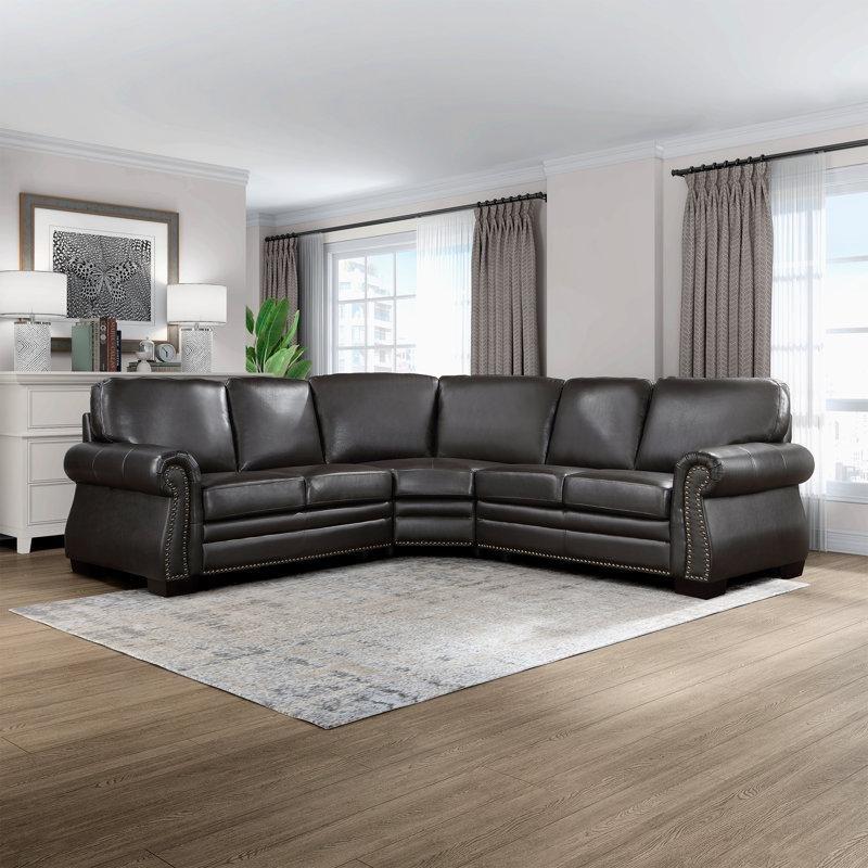 Kahverengi Hakiki Deri Zımba Detaylı 3 Parçalı Köşe Koltuk Takımı - 224x224 cm - 195889