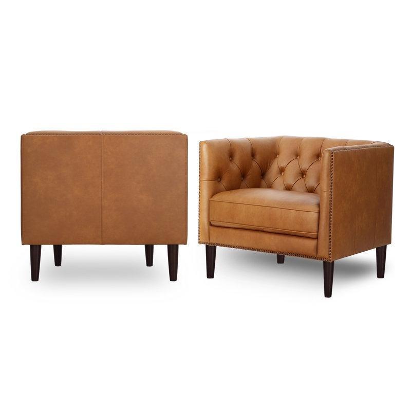 Kahverengi Hakiki Deri Zımba Detaylı Chesterfield Tasarım 2li Koltuk Takımı - 87 cm - 190987