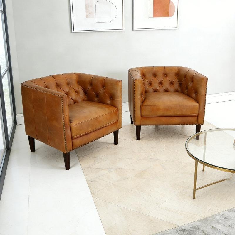 Kahverengi Hakiki Deri Zımba Detaylı Chesterfield Tasarım 2li Koltuk Takımı - 87 cm - 190987