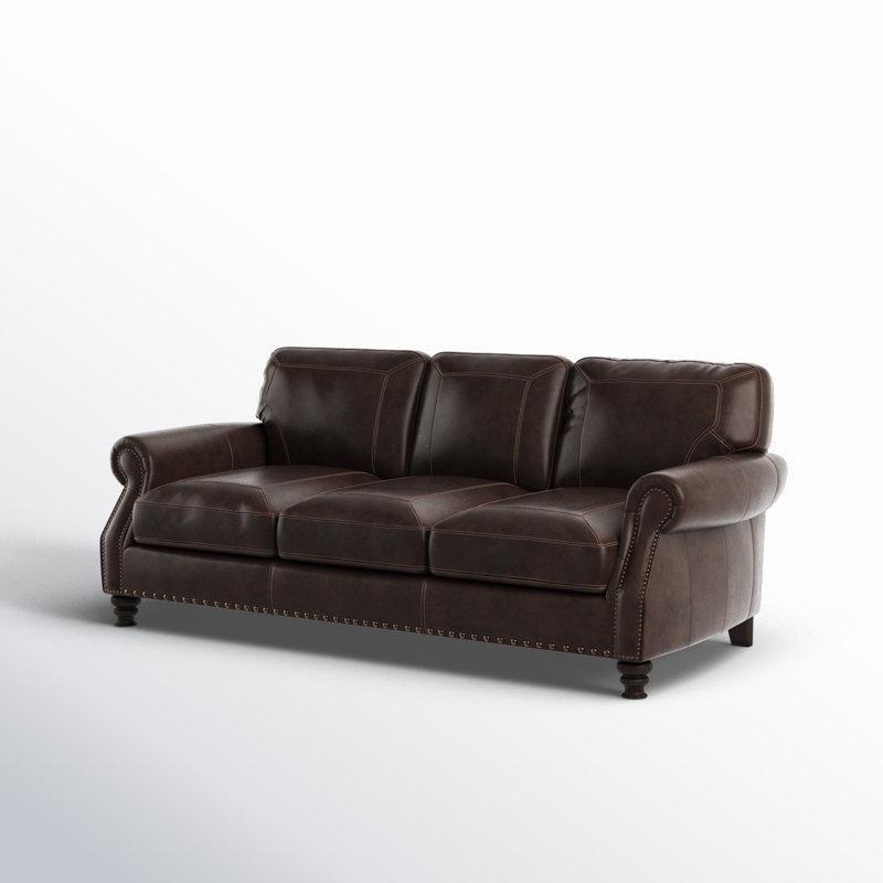 Kahverengi Hakiki Deri Zımba Detaylı Kıvrık Kollu Koltuk - 217 cm - 194869