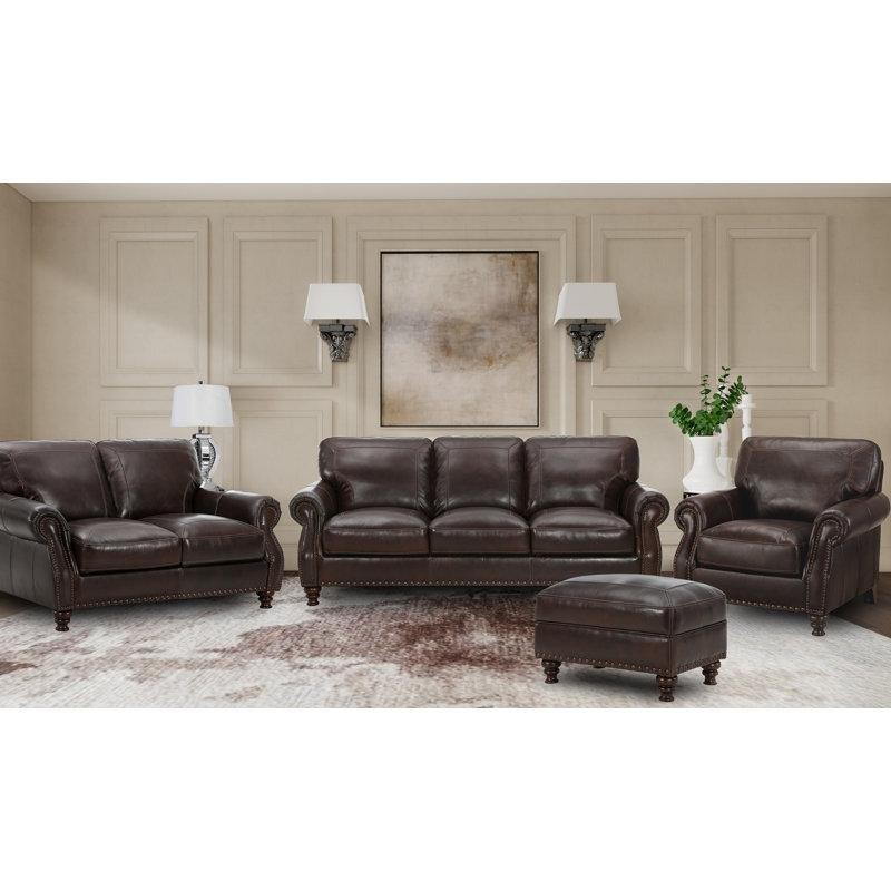 Kahverengi Hakiki Deri Zımba Detaylı Kıvrımlı Kollu Koltuk Takımı - 191987