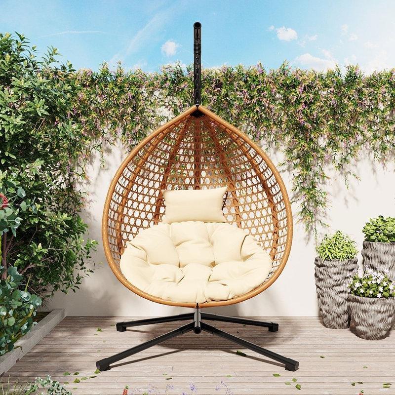 Kahverengi HDPE Rattan Katlanabilir Ayaklı Minderli Balkon Salıncağı - 108 cm - 174276