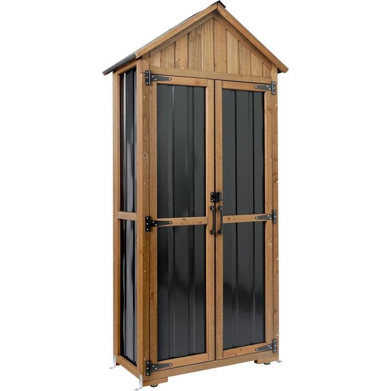 Kahverengi Köknar Ağacı ve Metal Su Geçirmez Çatılı Çıkarılabilir Raflı Bahçe Dolabı - 79x34x171 cm - 163657