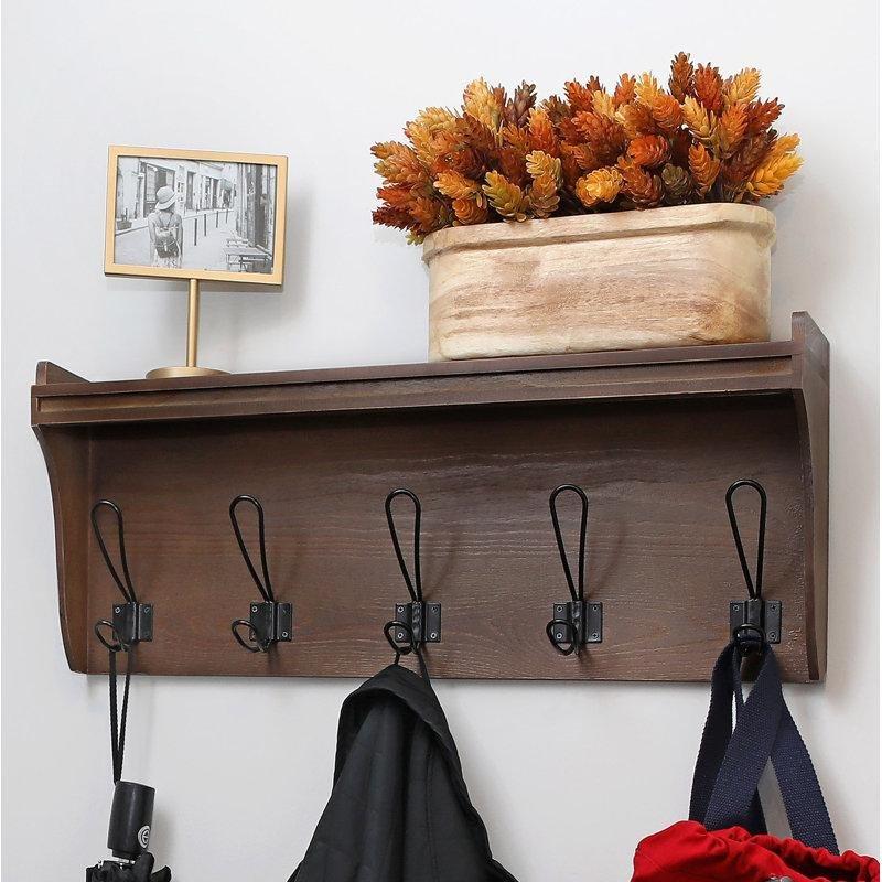 Kahverengi Masif Ahşap 5 Askılı Raflı Duvar Askısı - 67 cm - 179367