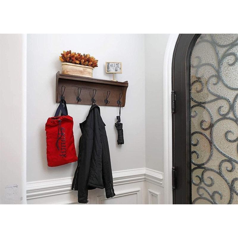 Kahverengi Masif Ahşap 5 Askılı Raflı Duvar Askısı - 67 cm - 179367
