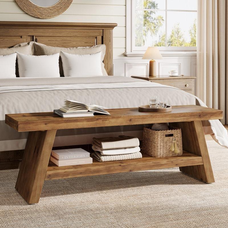 Kahverengi Masif Ahşap Açık Raflı İki Katlı Bench Modelleri - 120 cm - 164776