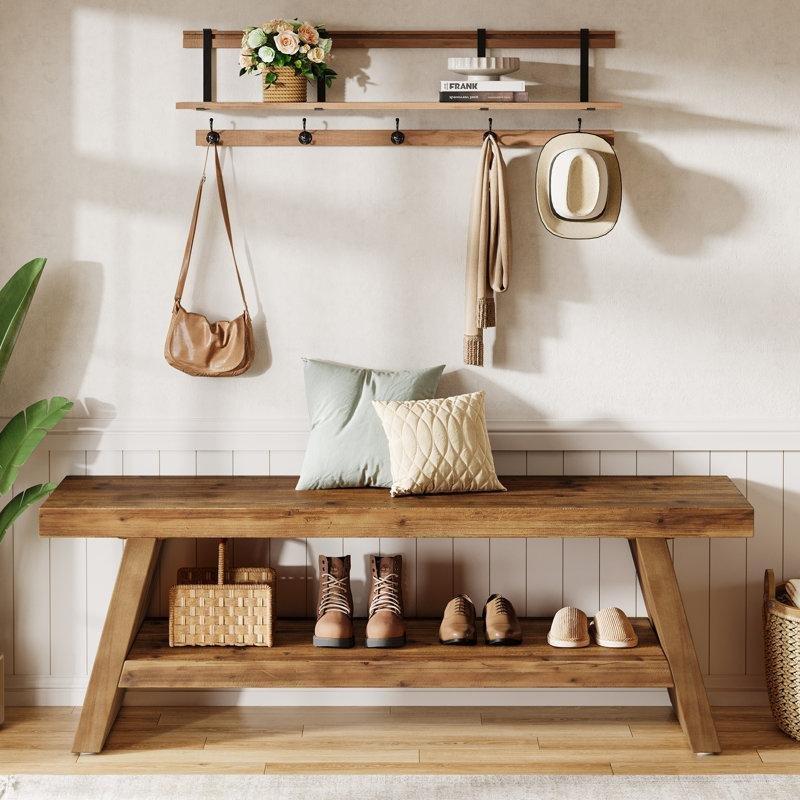 Kahverengi Masif Ahşap Açık Raflı İki Katlı Bench Modelleri - 120 cm - 164776