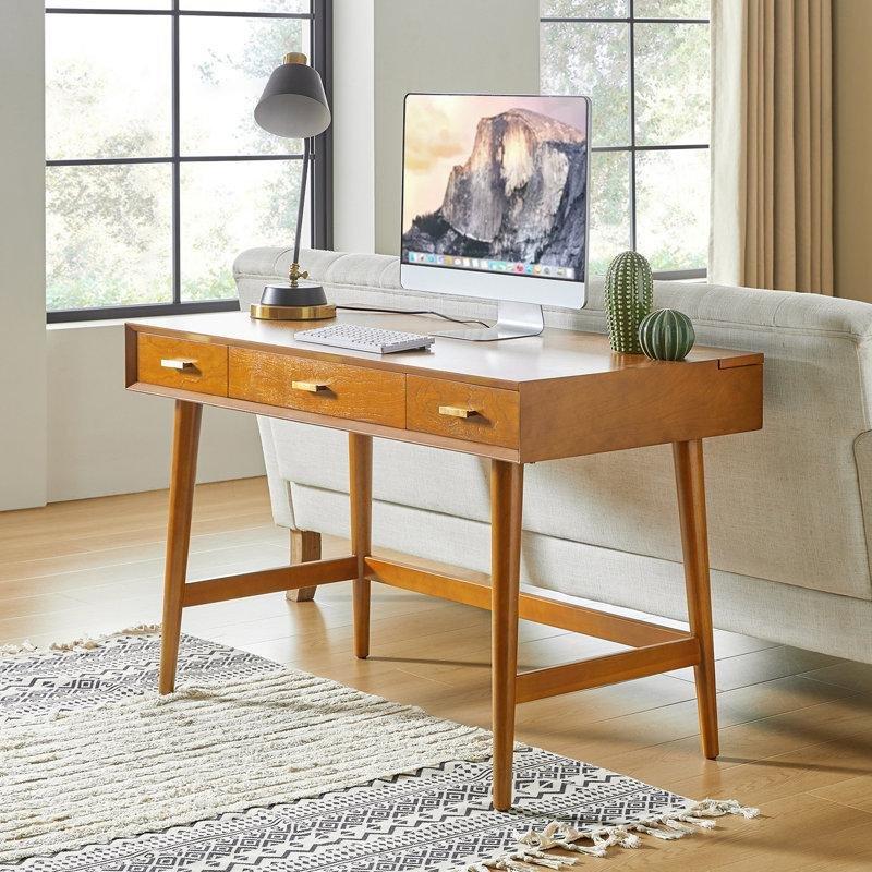 Kahverengi Masif Ahşap Ayaklı 3 Çekmeceli Kablo Kanallı Vintage Çalışma Masası - 122 cm - 234832