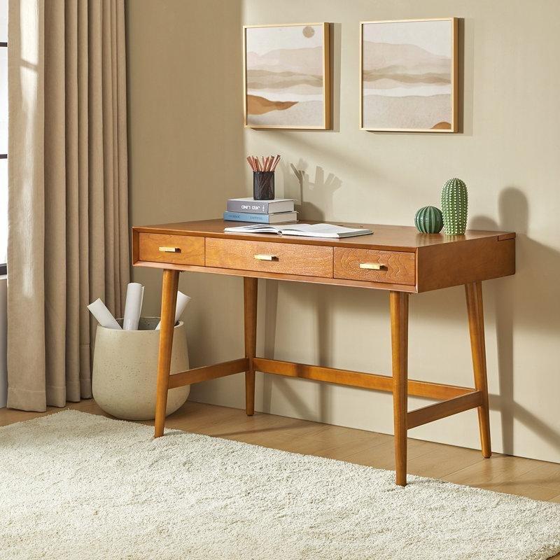Kahverengi Masif Ahşap Ayaklı 3 Çekmeceli Kablo Kanallı Vintage Çalışma Masası - 122 cm - 234832