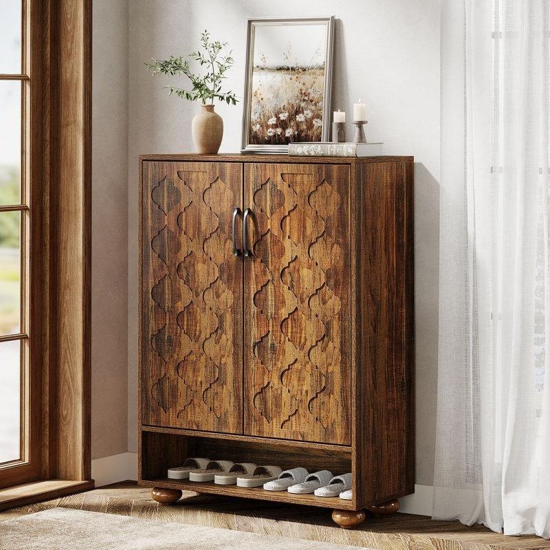Kahverengi Masif Ahşap Ayaklı Kapaklı Ayarlanabilir Raflı 6 Katlı Ayakkabılık - 81x36x111 cm - 229452