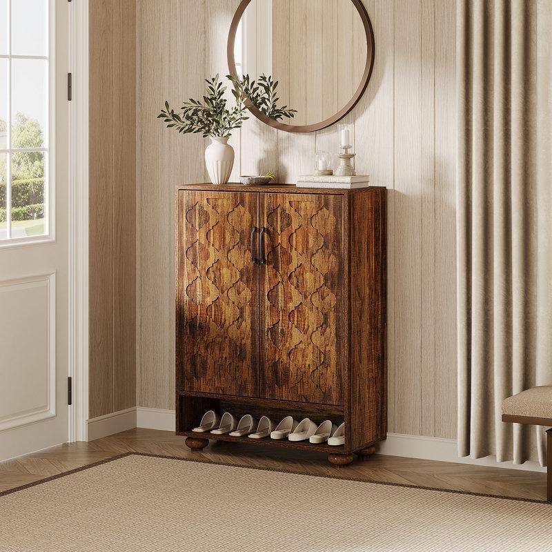 Kahverengi Masif Ahşap Ayaklı Kapaklı Ayarlanabilir Raflı 6 Katlı Ayakkabılık - 81x36x111 cm - 229452