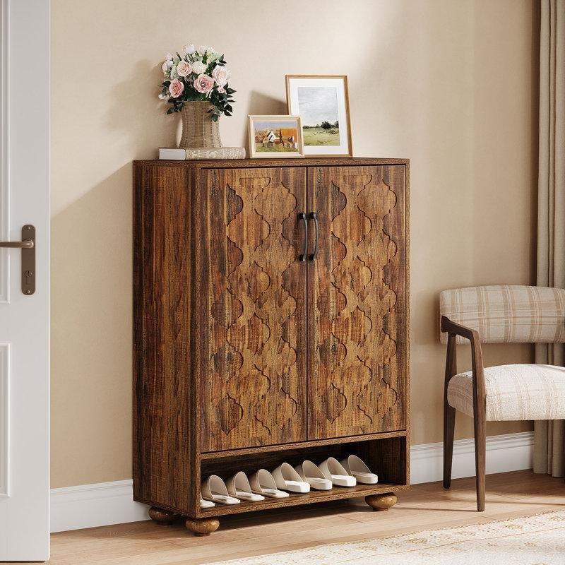 Kahverengi Masif Ahşap Ayaklı Kapaklı Ayarlanabilir Raflı 6 Katlı Ayakkabılık - 81x36x111 cm - 229452