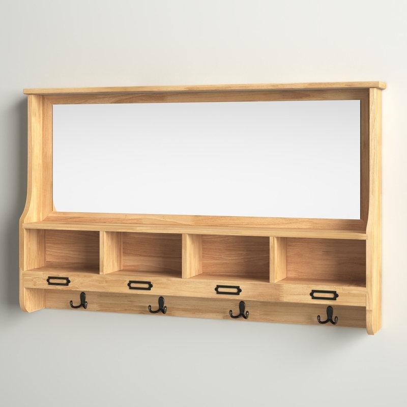 Kahverengi Masif Ahşap Aynalı ve 4 Kancalı Eskitme Tasarım Duvar Rafı - 82 cm - 179022