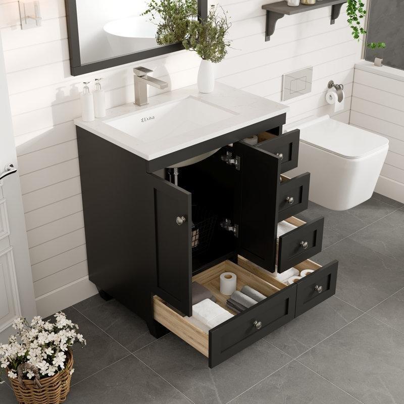 Kahverengi Masif Ahşap Carrara Kuvars Tezgahlı Yavaş Kapanır Çekmeceli Banyo Lavabo Dolabı - 77 cm - 201267