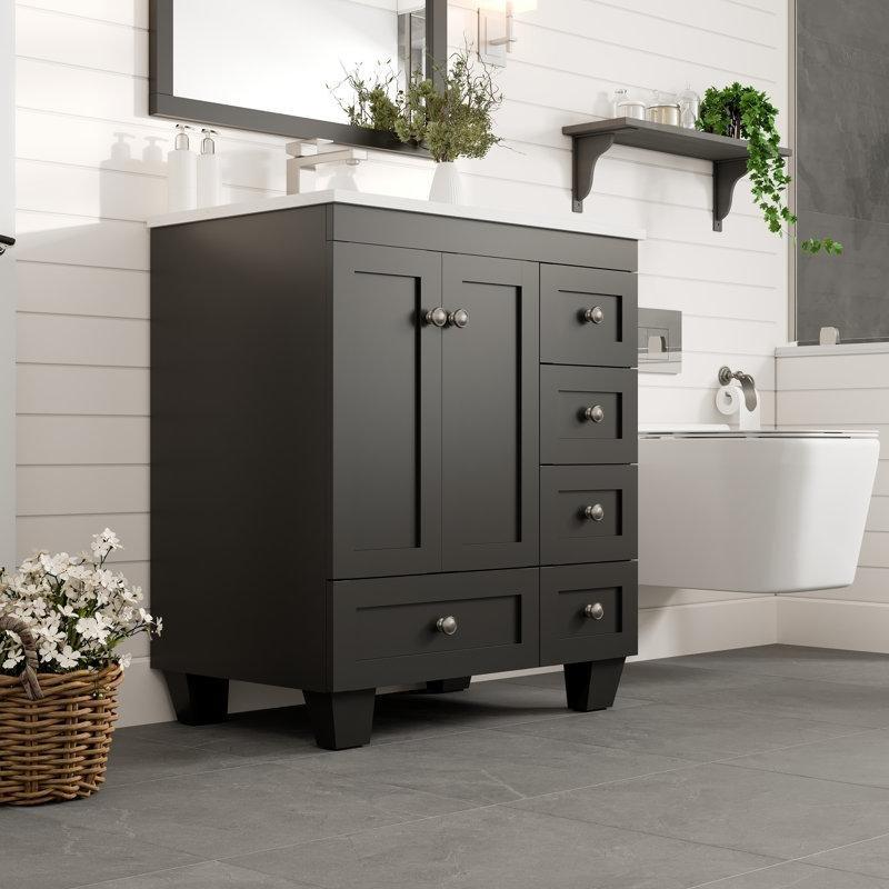 Kahverengi Masif Ahşap Carrara Kuvars Tezgahlı Yavaş Kapanır Çekmeceli Banyo Lavabo Dolabı - 77 cm - 201267