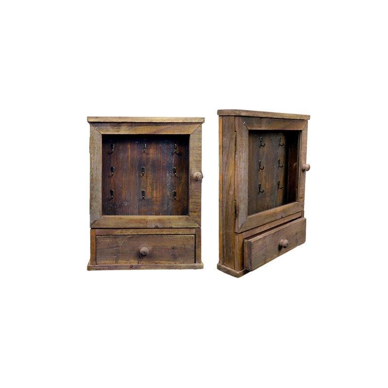 Kahverengi Masif Ahşap Çekmeceli ve Cam Kapaklı Duvara Monte Anahtar Kutusu - 47x37x9 cm - 171898
