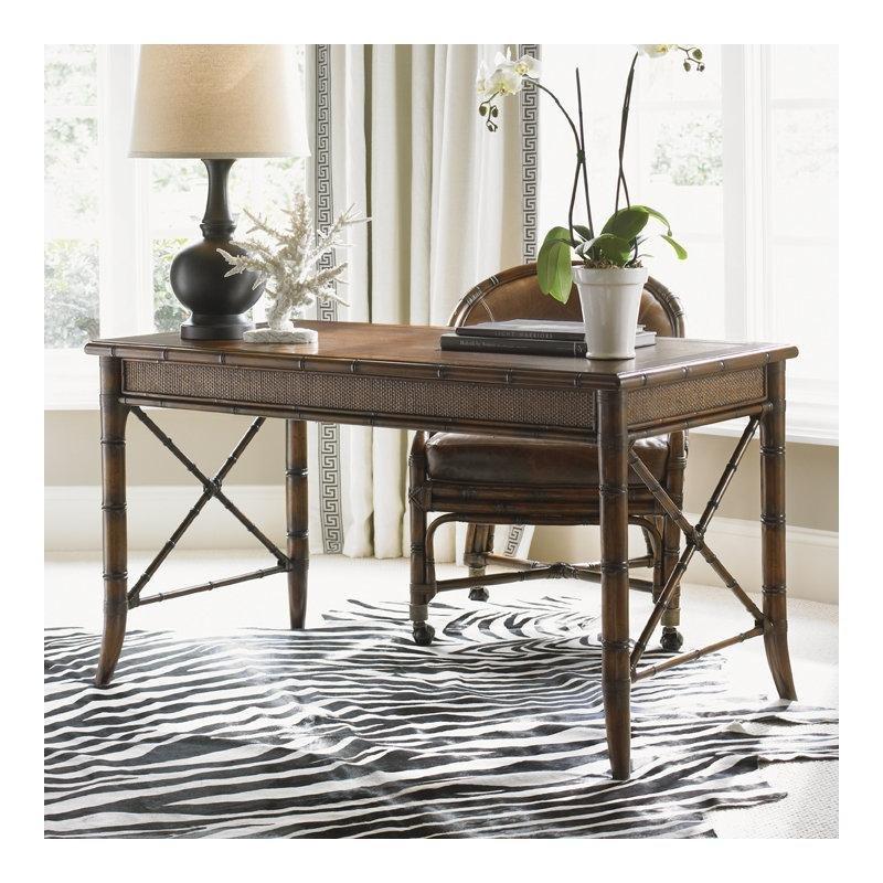 Kahverengi Masif Ahşap Deri Yüzeyli 3 Çekmeceli Rattan Detaylı Vintage Çalışma Masası - 138x72 cm - 234836