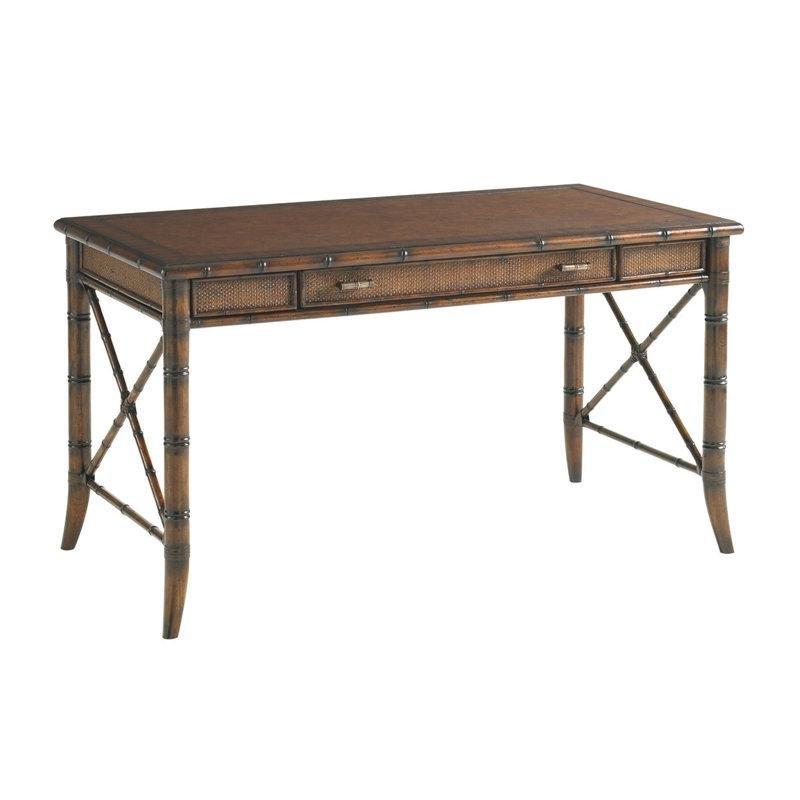 Kahverengi Masif Ahşap Deri Yüzeyli 3 Çekmeceli Rattan Detaylı Vintage Çalışma Masası - 138x72 cm - 234836