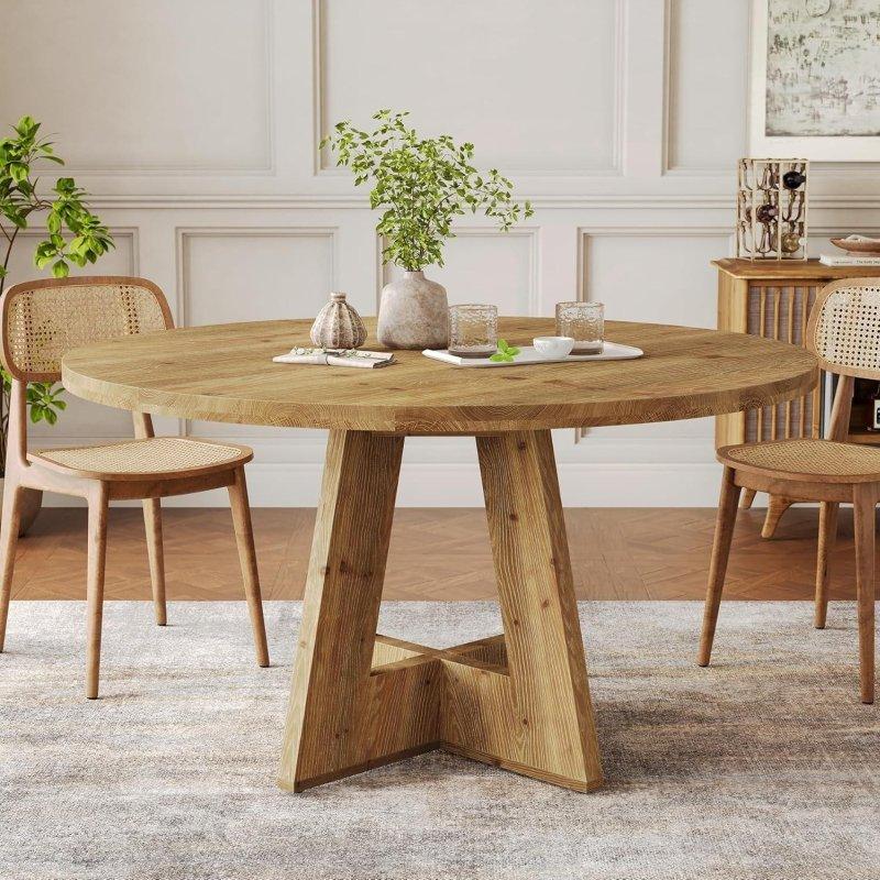 Kahverengi Masif Ahşap El Yapımı Yuvarlak Kaide Ayaklı Bohem Yemek Masası - 120 cm - 237852
