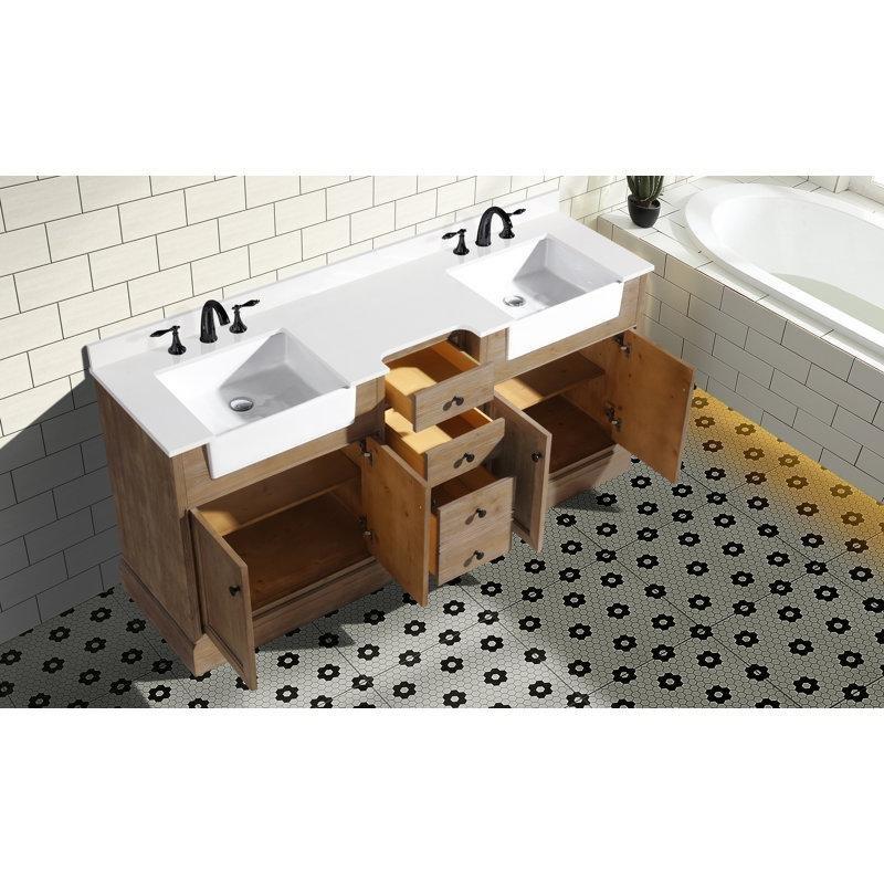 Kahverengi Masif Ahşap Eskitme Tasarım İki Lavabolu Banyo Dolabı - 183 cm - 199277
