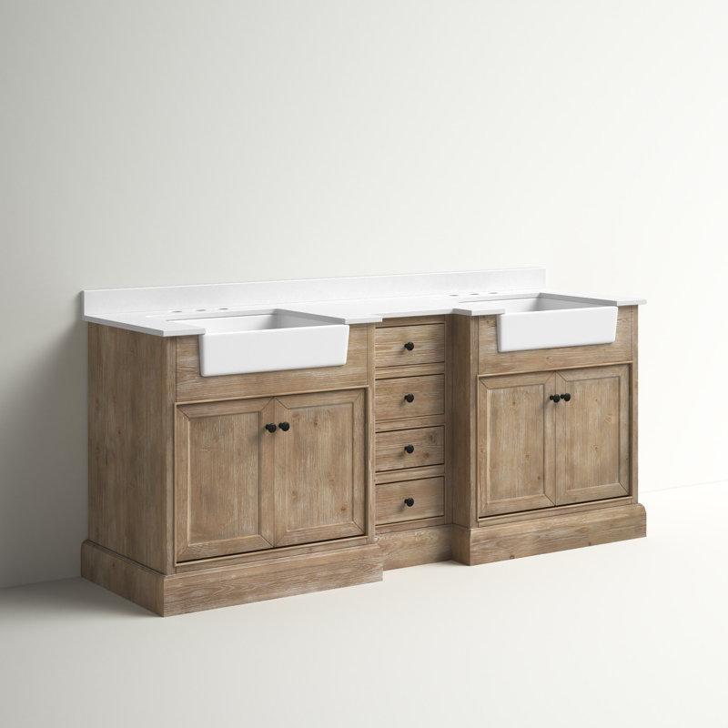 Kahverengi Masif Ahşap Eskitme Tasarım İki Lavabolu Banyo Dolabı - 183 cm - 199277