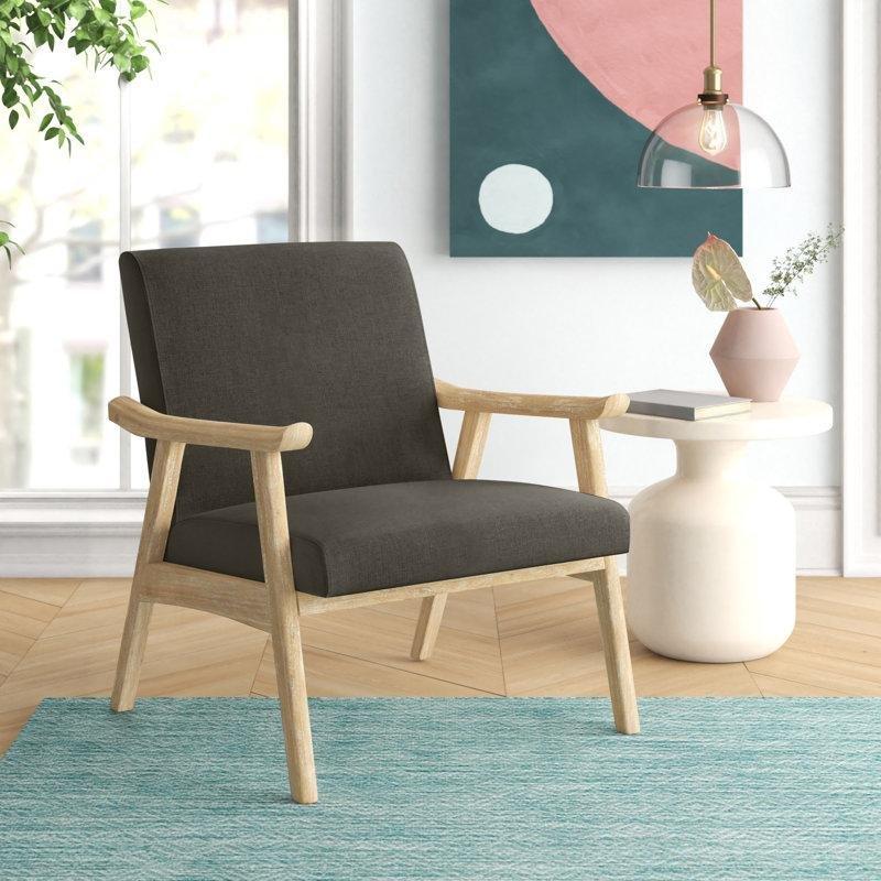 Kahverengi Masif Ahşap Kare Kollu Döşemeli Berjer Koltuk - 204517