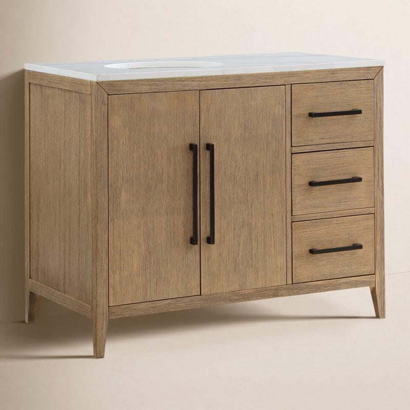 Kahverengi Masif Ahşap Kuvars Tezgahlı Çekmeceli Sol Lavabolu Banyo Dolabı - 107 cm - 198048